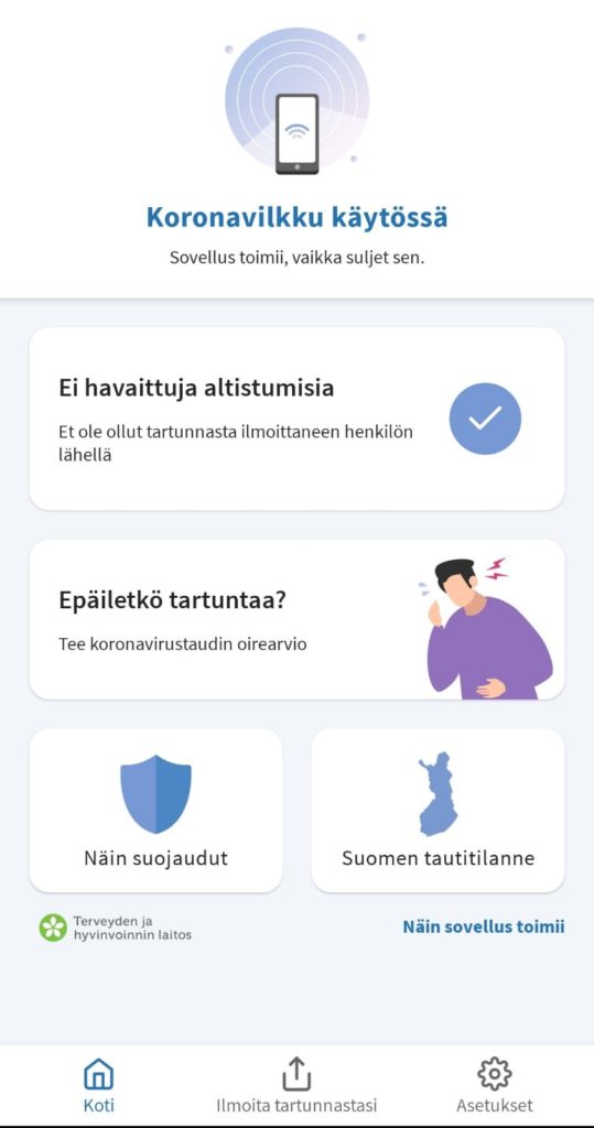 Koronavilkku-sovelluksen etusivu