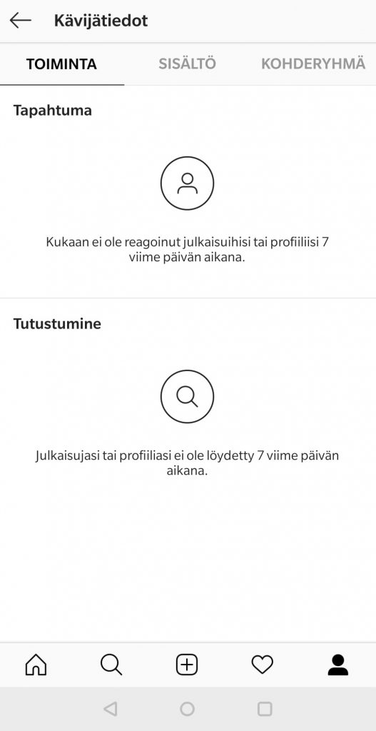 Instagram-yritystilillä voit seurata profiilisi kävijätietoja, toimintaa ja kohderyhmiä. 