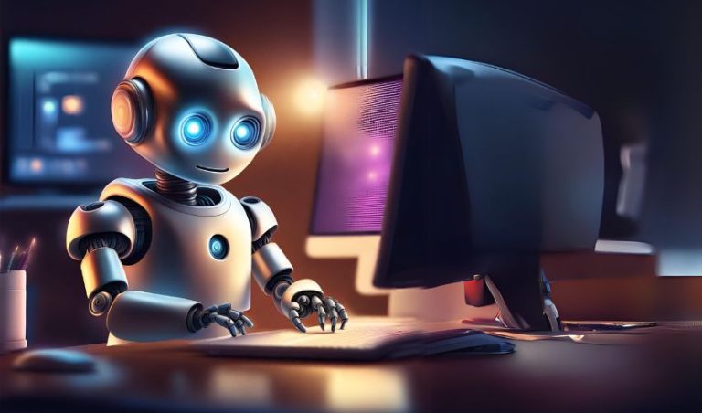 Copilot kuvituskuvia, jossa robotti on töissä tietokoneen edessä