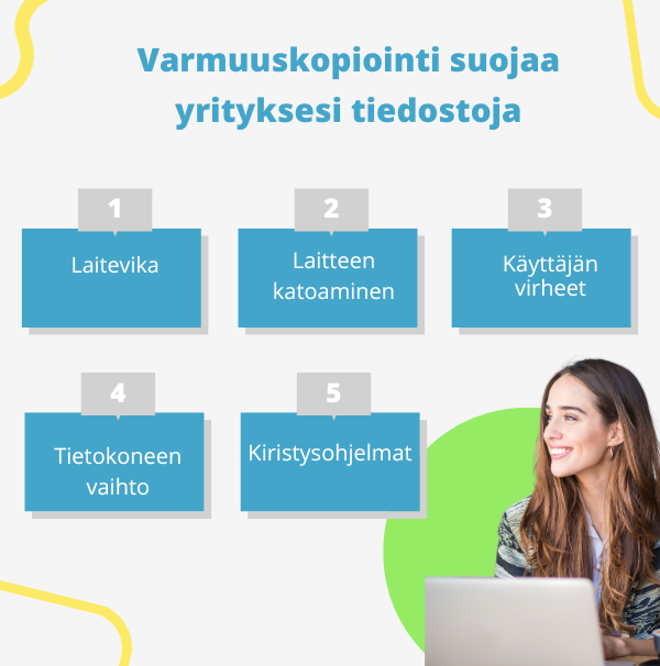 Työaseman varmuuskopiointi suojaa tietoja monenlaisissa tilanteissa.